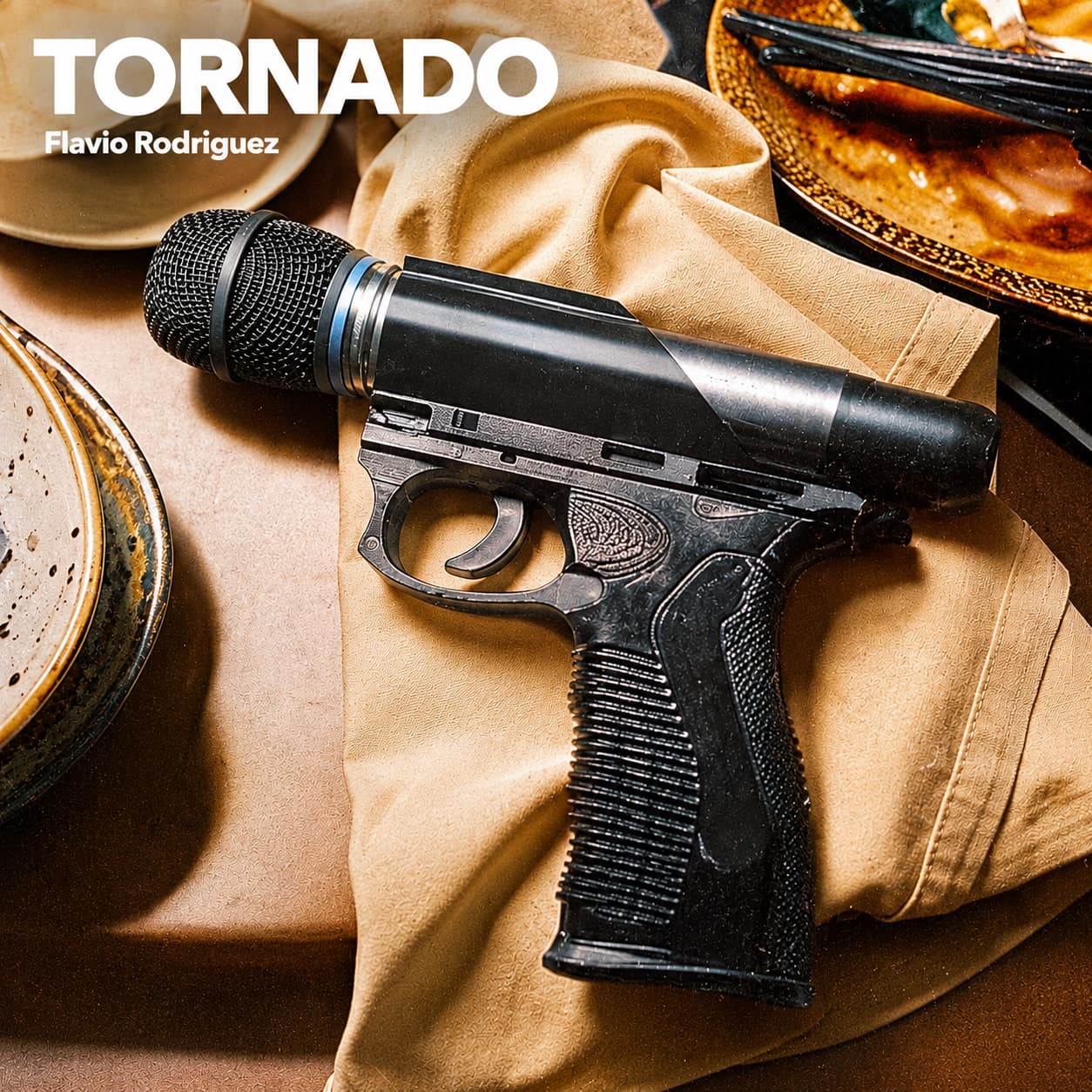 Portada del disco Tornado con el soporte de micrófono en forma de pistola